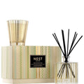 Candle and reed diffuser set with birchwood pine scent; patterned candle and diffuser bottle