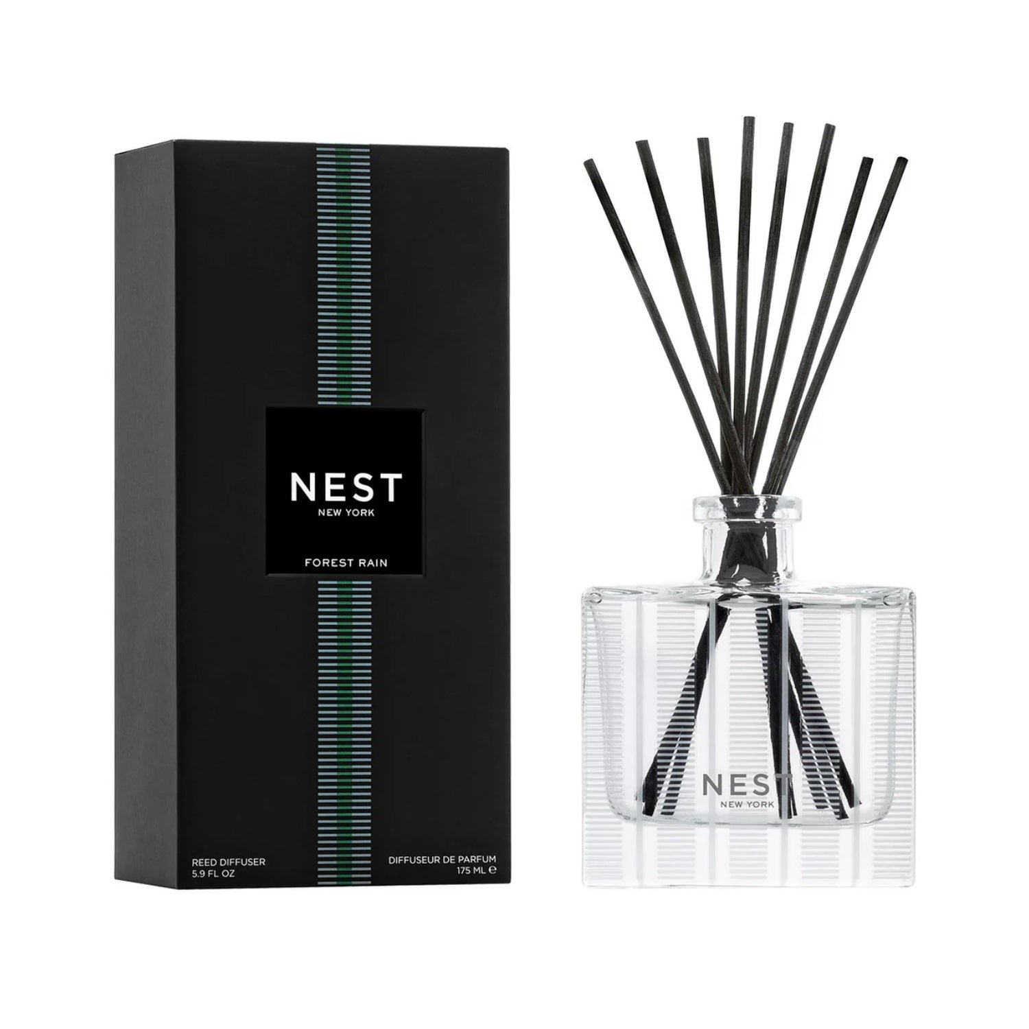 Reed diffuser with clear glass bottle and black reeds in black gift box