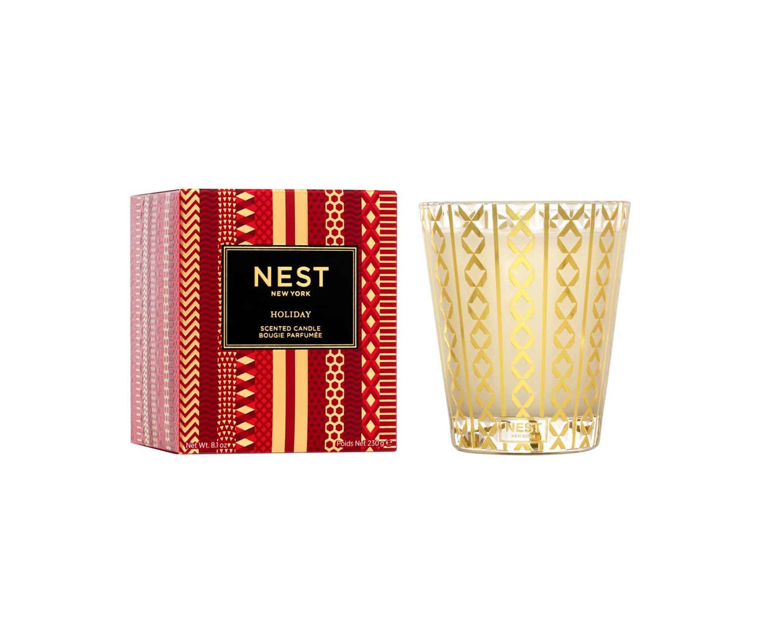 Holiday candle set with red patterned gift box and gold geometric wax cup