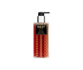 Holiday liquid soap bottle with black pump and red patterned label