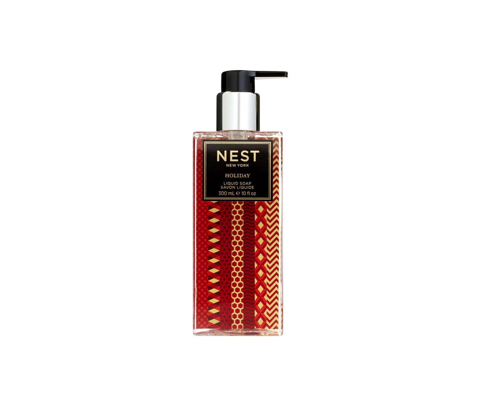Holiday liquid soap bottle with black pump and red patterned label