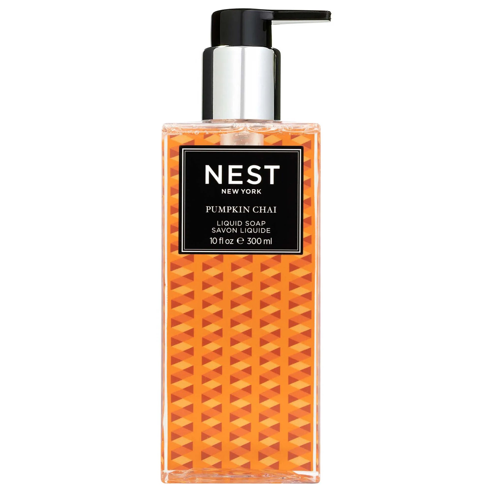 Liquid soap bottle with black pump, orange patterned label, Pumpkin Chai scent