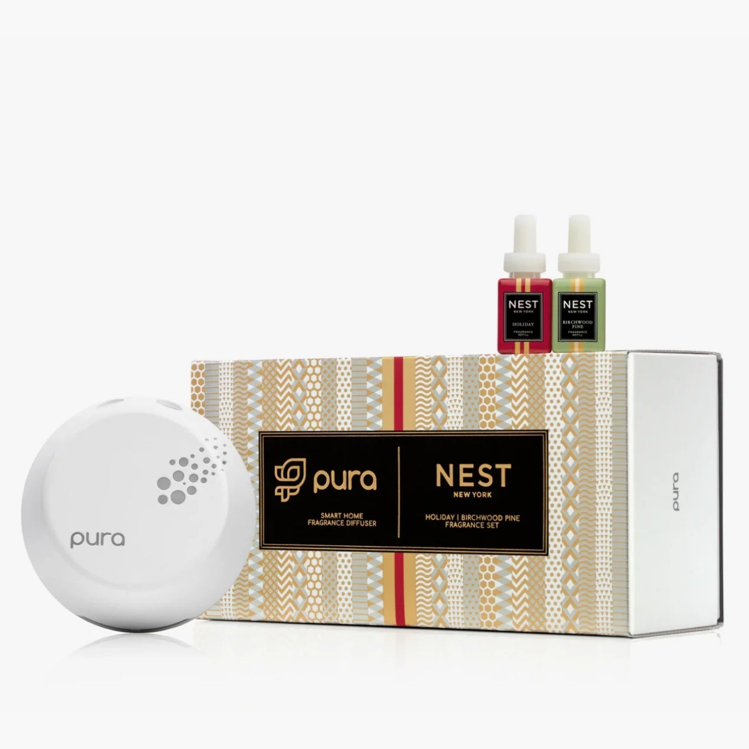 Pura smart home fragrance diffuser set with birchwood pine scent bottles and box