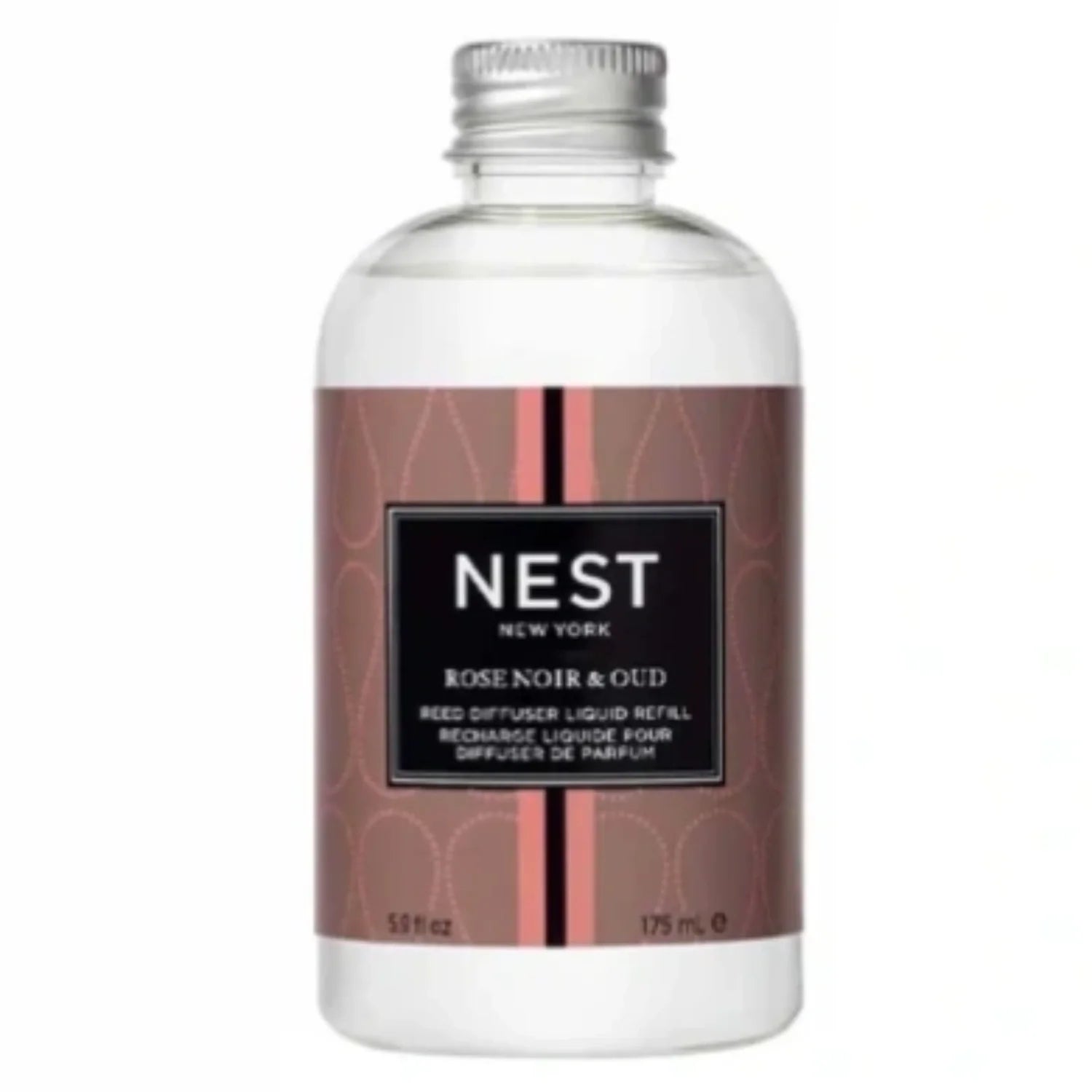 Diffuser refill bottle with Rose Noir & Oud label, clear liquid, silver cap