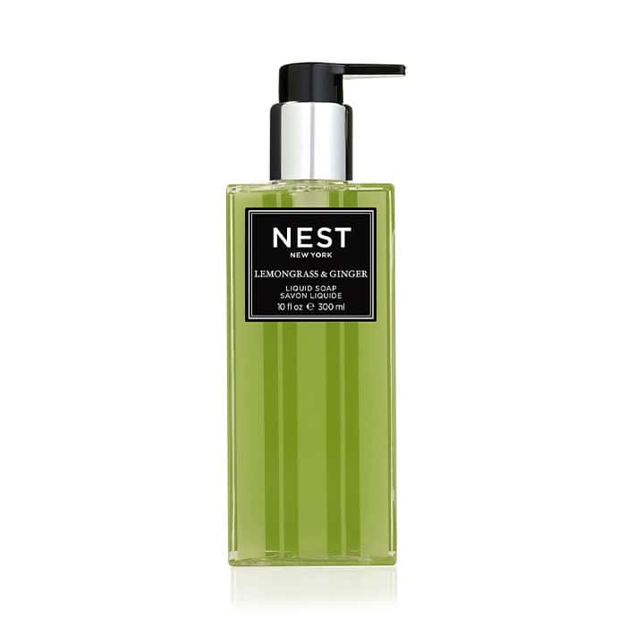 Nest New York liquid soap bottle with black pump; green clear soap, 10 oz