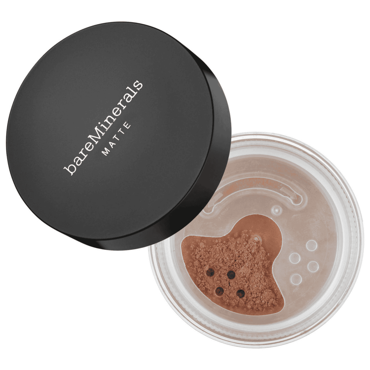 Matte foundation compact with black lid and open jar showing medium brown powder