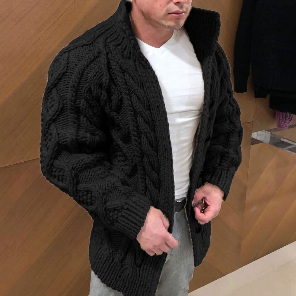 Men's hooded cable knit cardigan sweater, black with button front and long sleeves