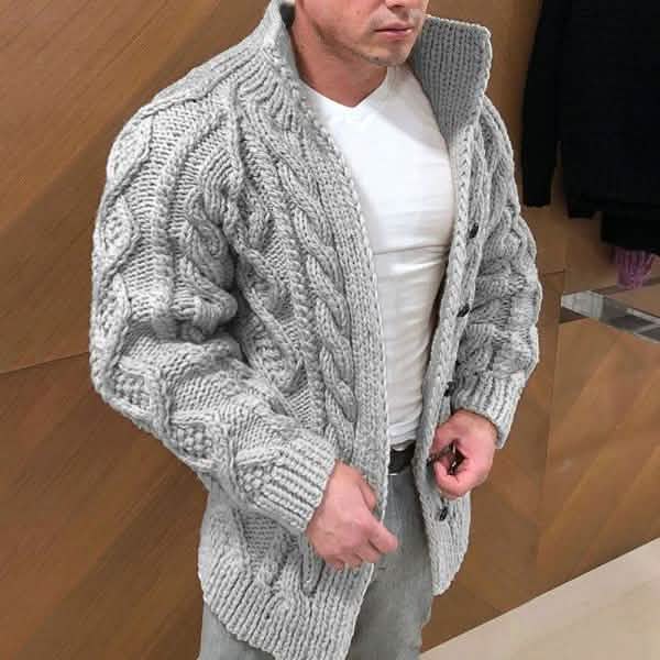 Men's hooded cable knit cardigan sweater, heather gray with button front and long sleeves