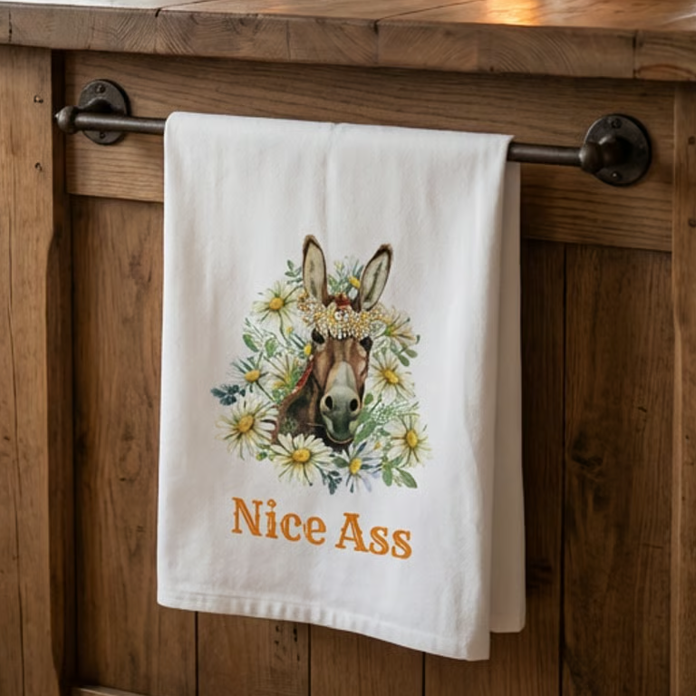 Funny Donkey Tea Towel, "Nice Ass" Kitchen Decor, Gift for Animal Lovers, Farmhouse Style Dish Towel, Unique Home Gift