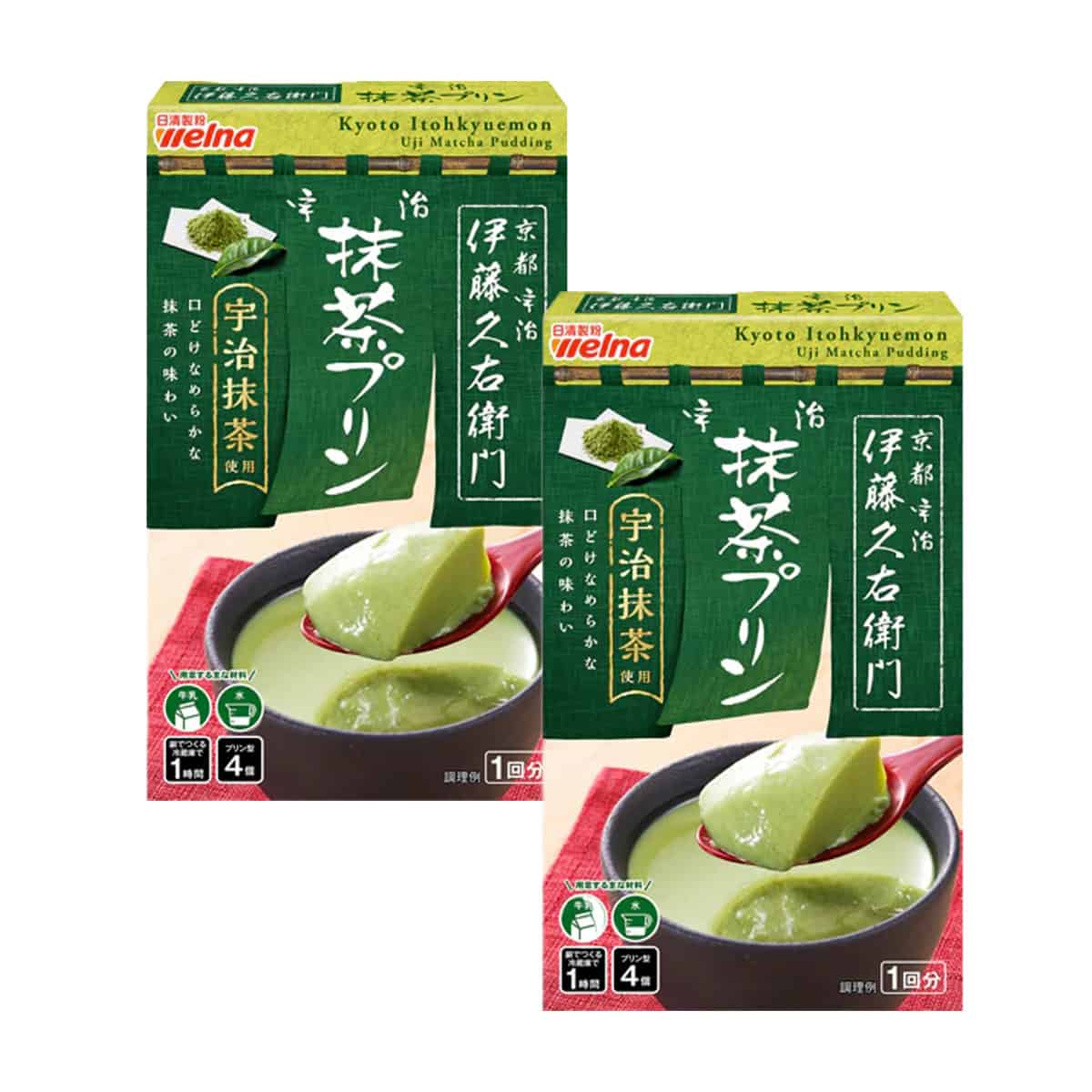 Nissin Welna matcha pudding powder boxes, green package with bowl of pudding