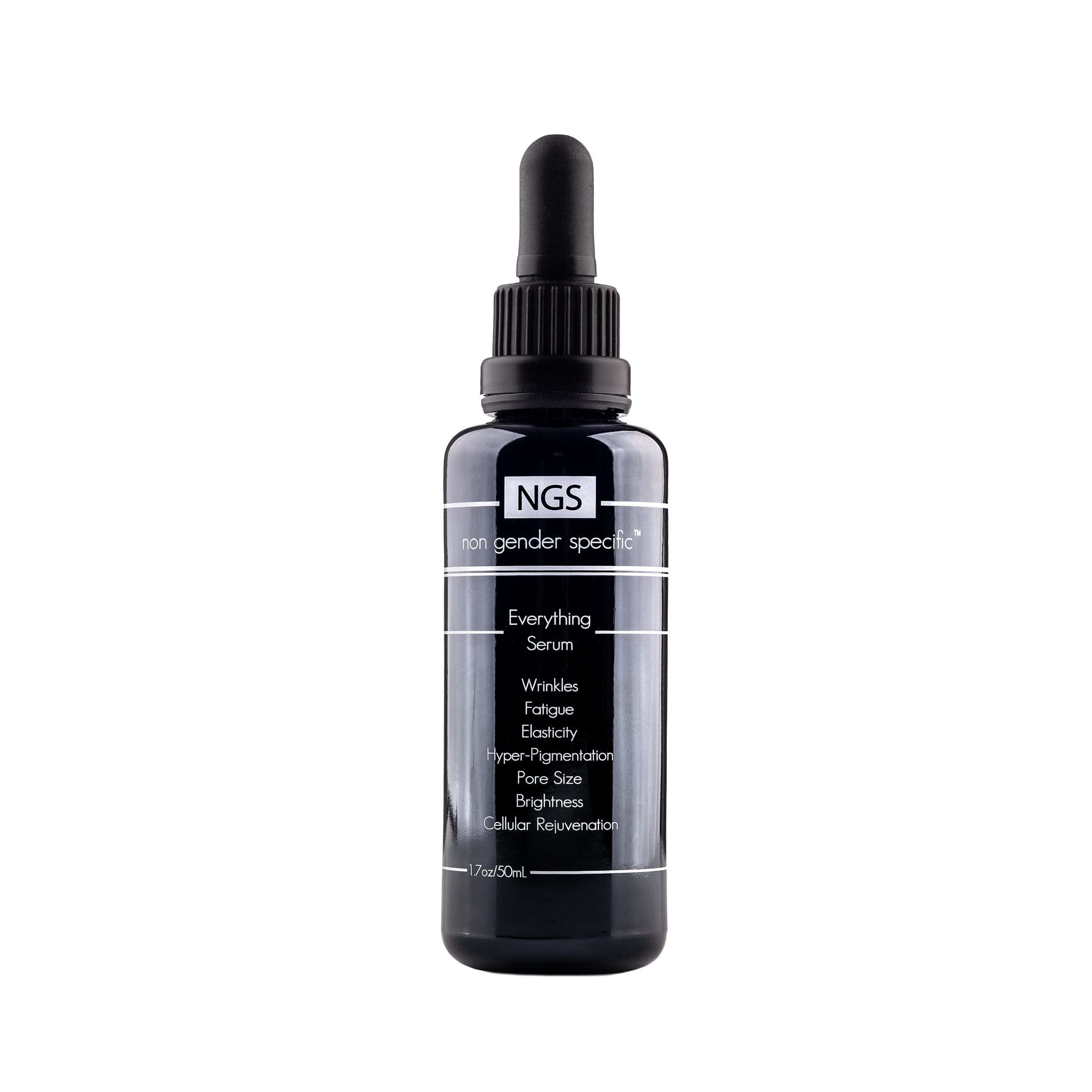 Everything serum in dark glass bottle with black dropper, front label visible