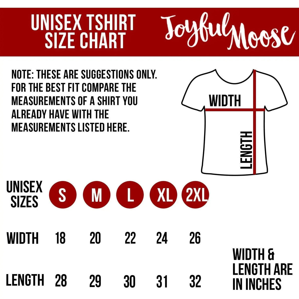 Unisex T-shirt size chart graphic with width and length inches guide
