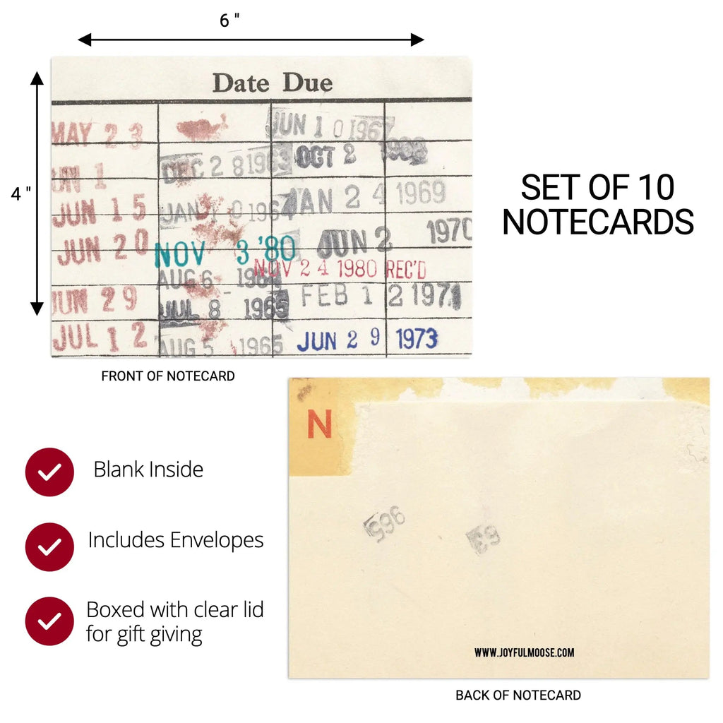 Library due date notecard set of 10, blank inside, includes envelopes and clear gift box