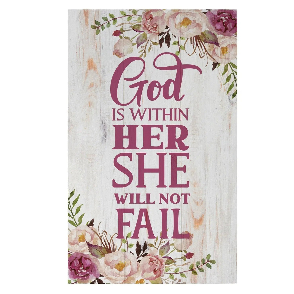 Christian nursery wall art print; floral border, purple text: God within her, she will not fail