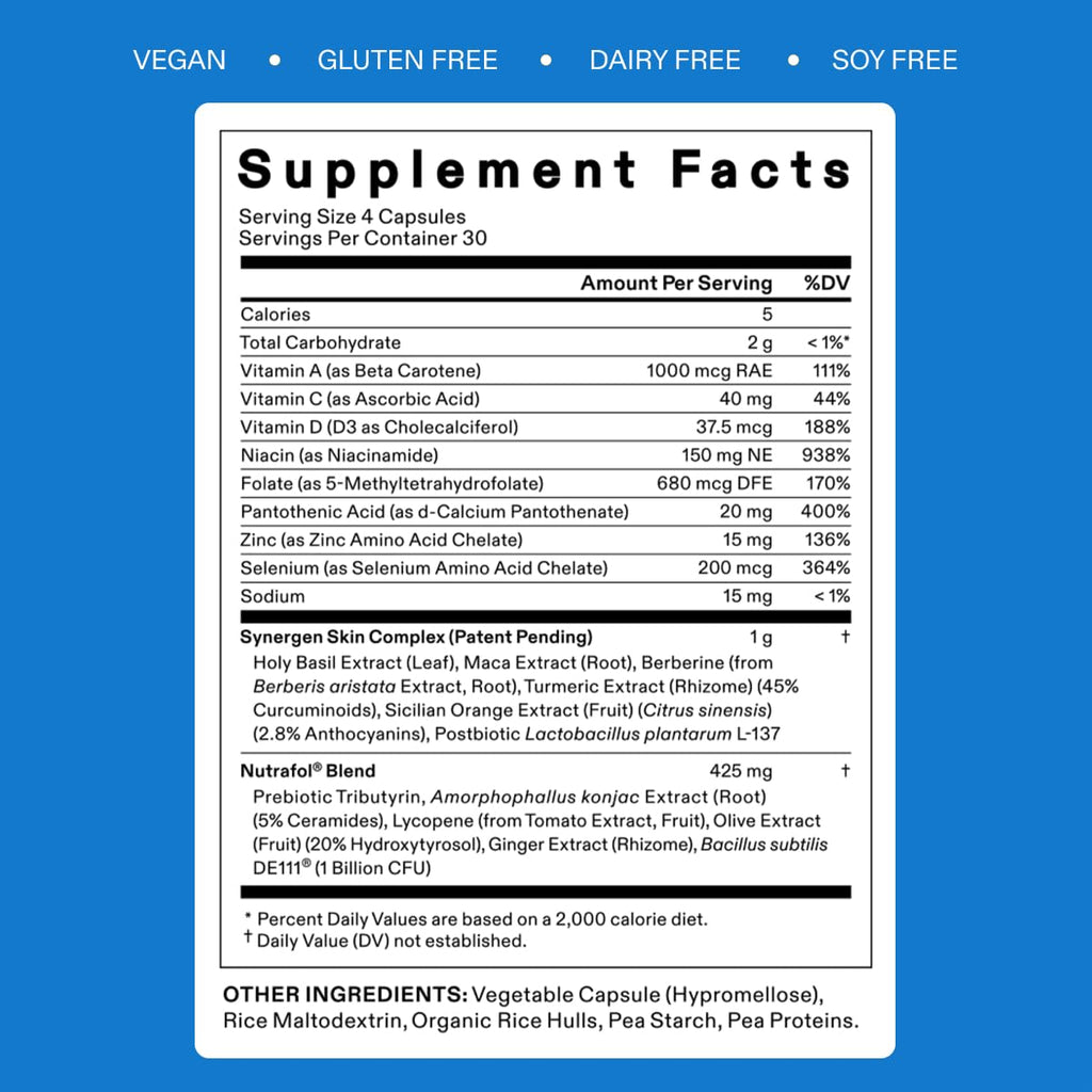 Supplement Facts nutrition label panel with ingredient and vitamin/mineral details