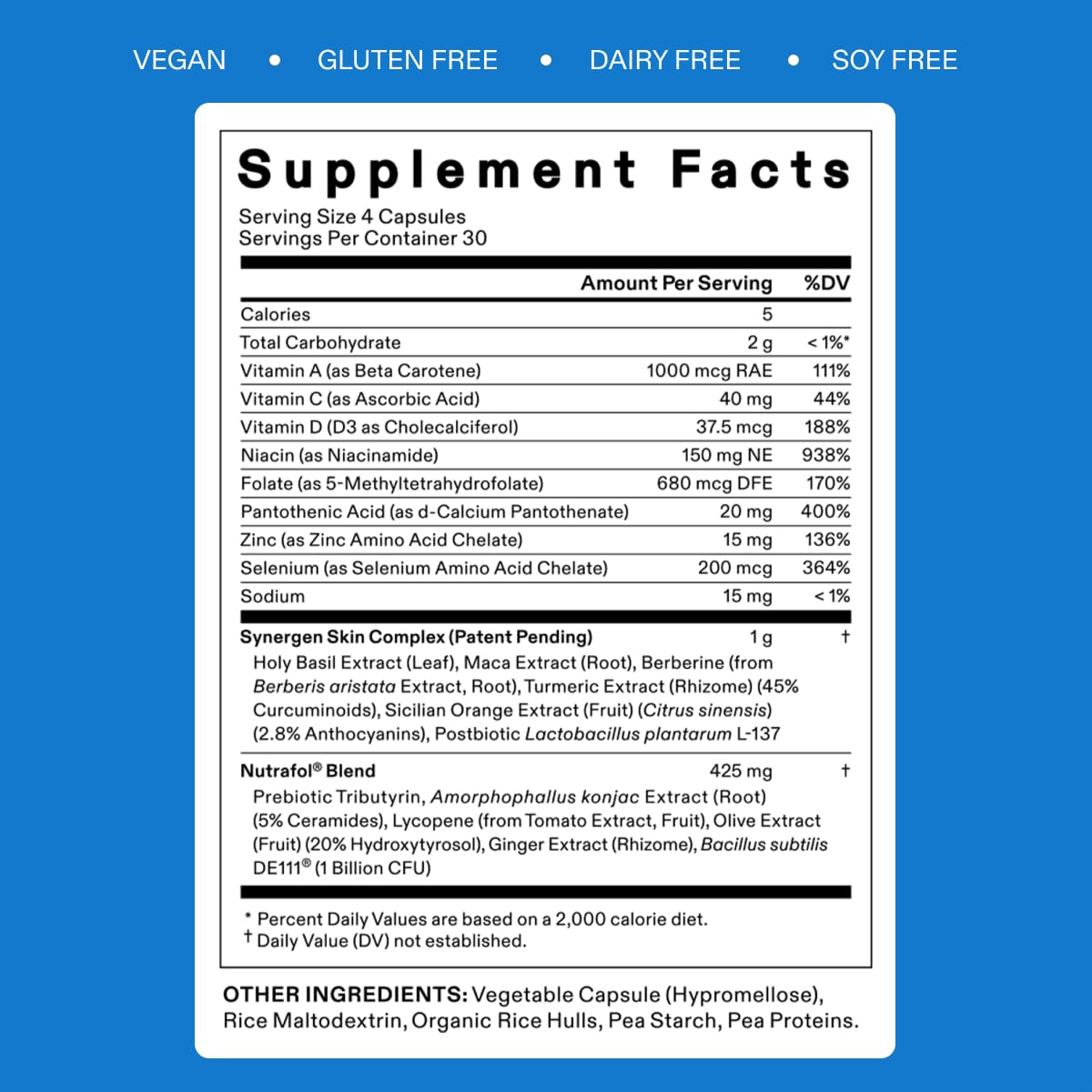Supplement Facts nutrition label panel with ingredient and vitamin/mineral details