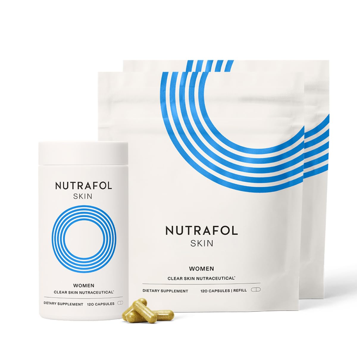 Nutrafol Skin women clear skin nutraceutical supplement bottles with capsules