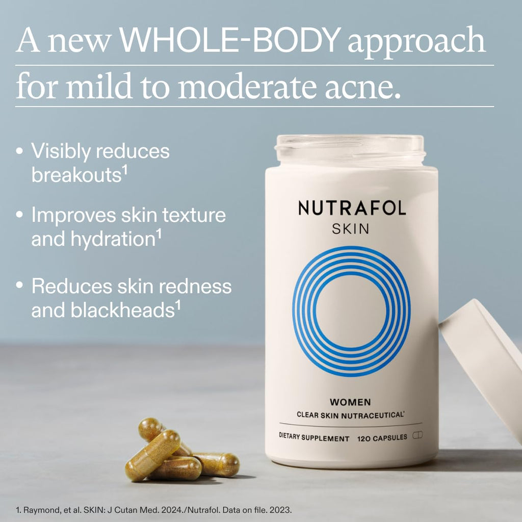 Nutrafol Skin women acne supplement bottle with clear round capsule tablets