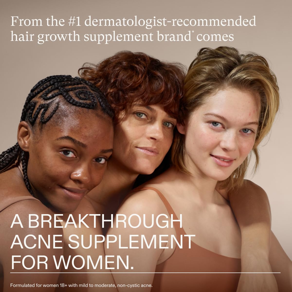 Acne supplement promotional graphic with three women, front-facing close-up