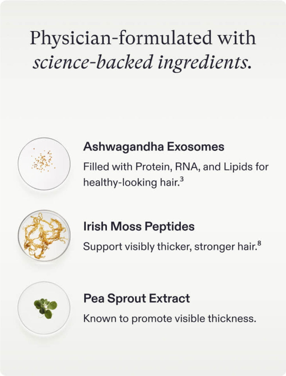 Nutrafol hair serum ingredient highlights: Ashwagandha exosomes, Irish moss peptides