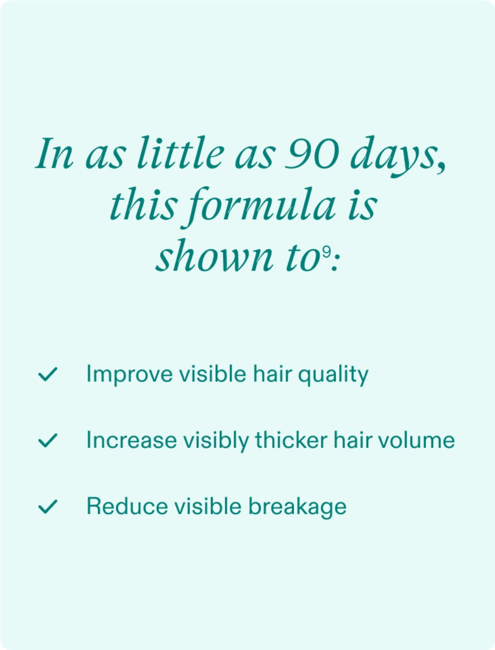 Nutrafol hair serum benefits text panel: improve quality, thicker volume, reduce breakage