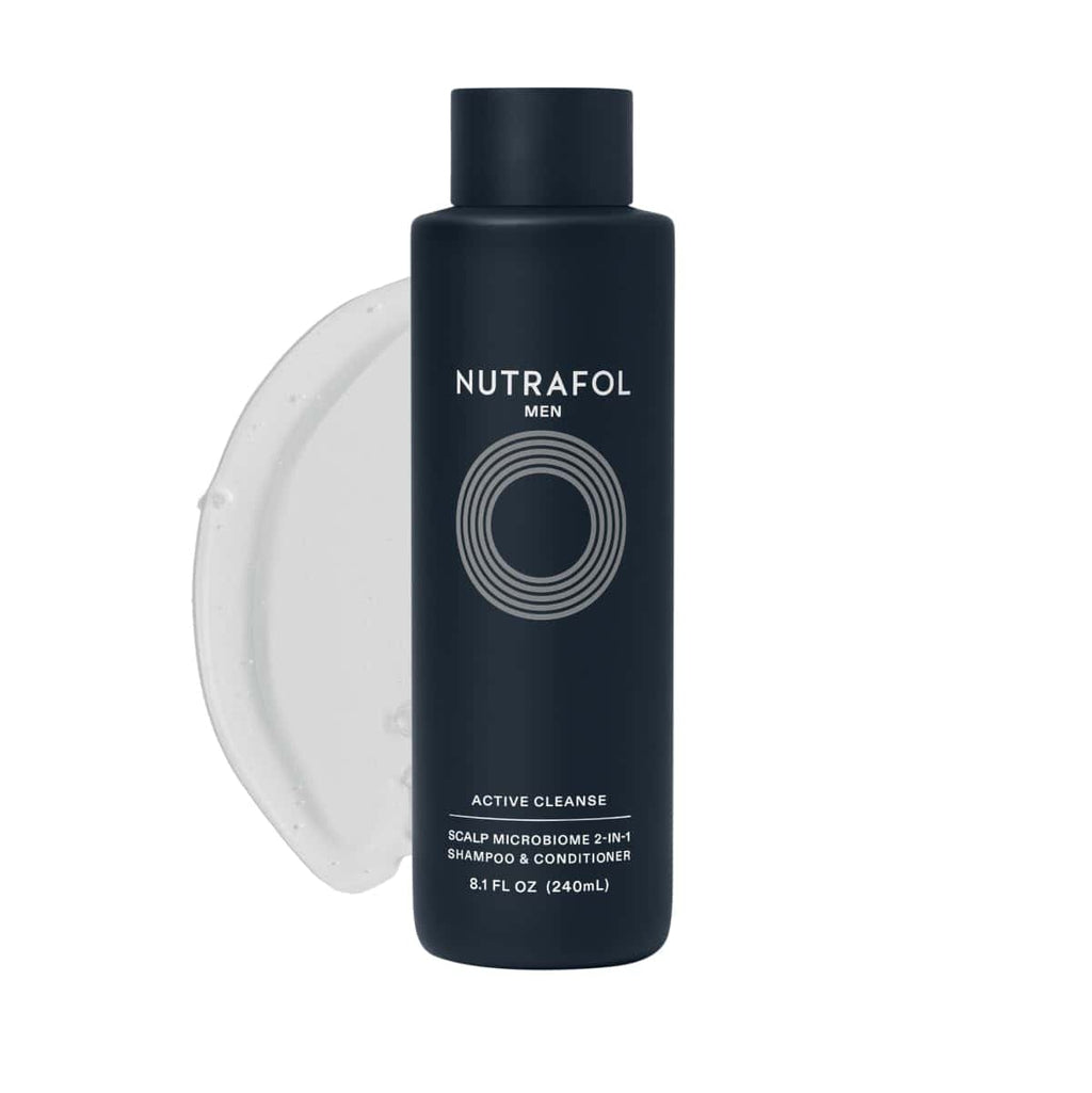 Nutrafol Men Active Cleanse 2-in-1 shampoo and conditioner bottle, dark blue