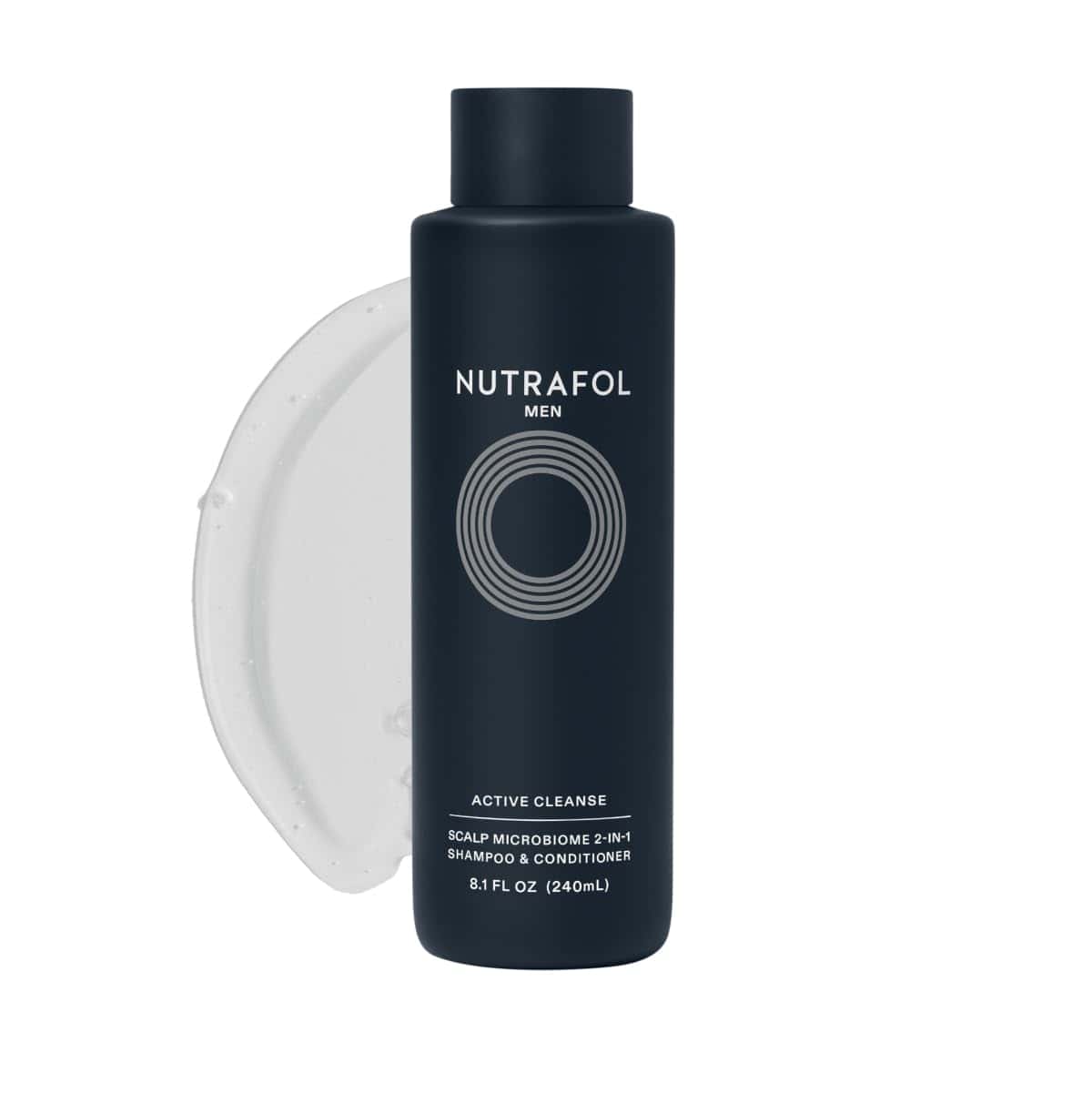 Nutrafol Men Active Cleanse 2-in-1 shampoo and conditioner bottle, dark blue