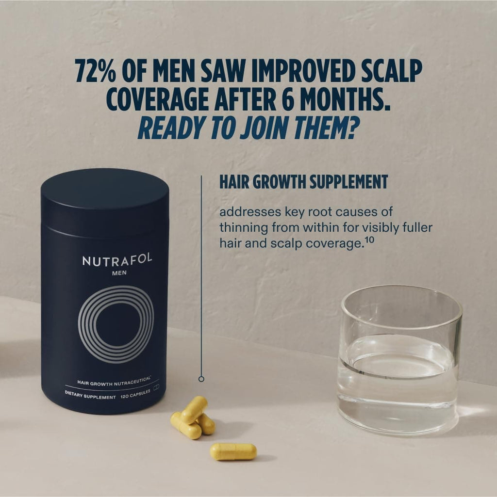 Nutrafol Men Active Cleanse 2-in-1 shampoo bottle with supplement capsules and water