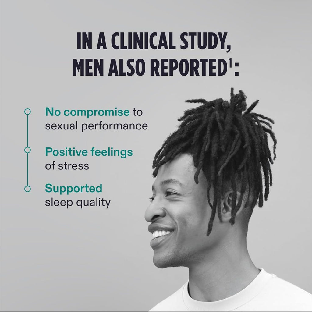 Hair growth supplement study panel with a smiling man profile and benefit bullets.