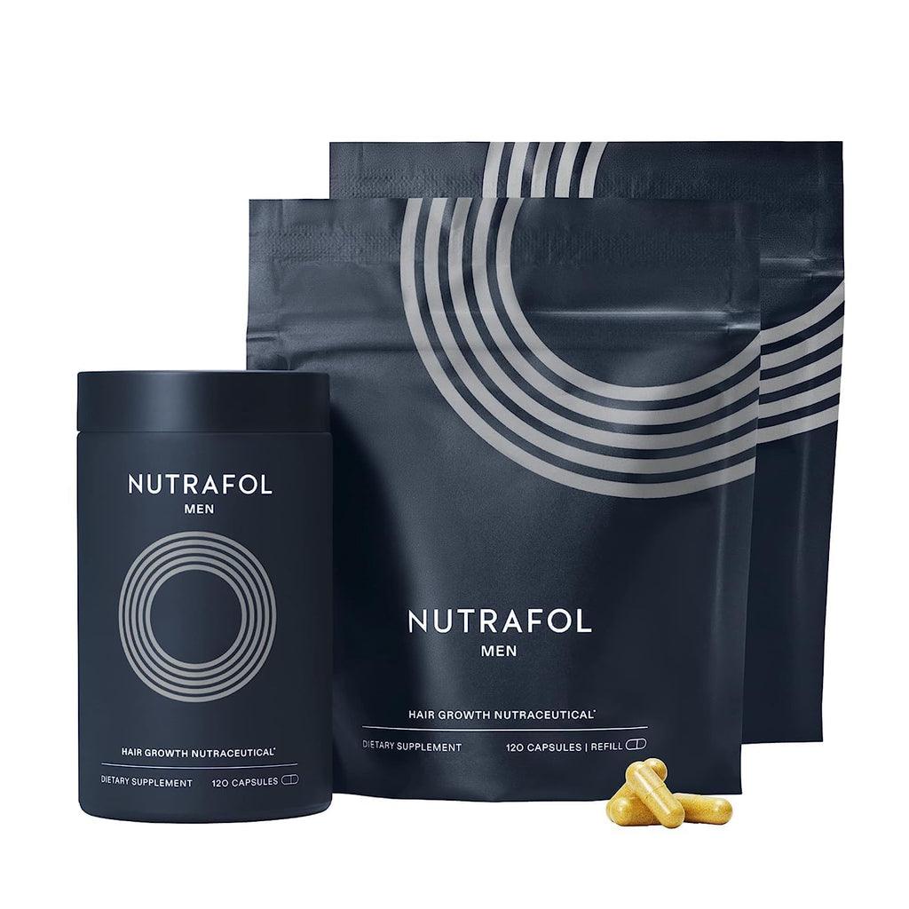 Nutrafol men hair growth supplement bottle with matching pouch bags and gel capsules.