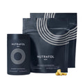 Nutrafol men hair growth supplement bottle with matching pouch bags and gel capsules.