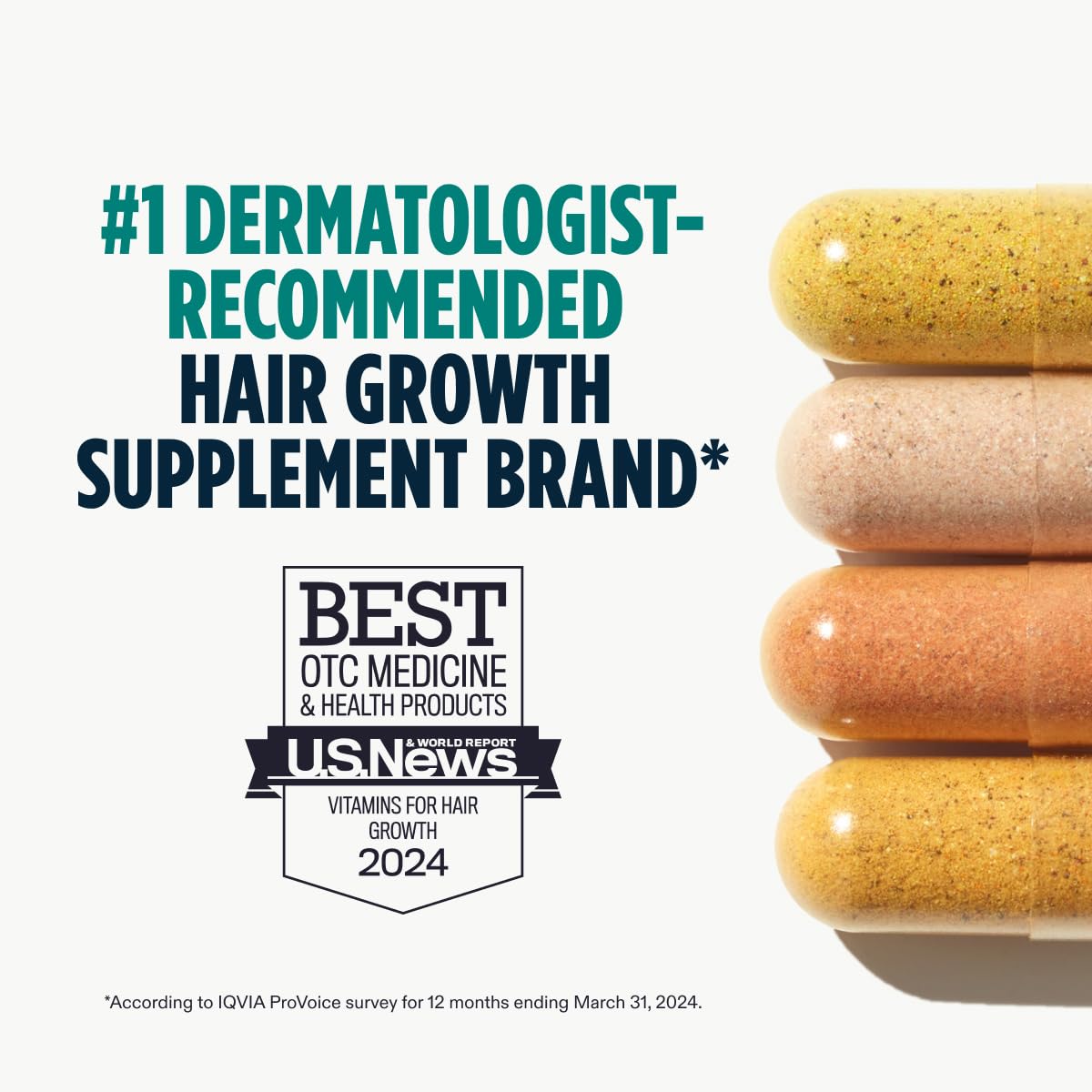 Hair growth supplement capsules, stacked in a golden gel-cap style.