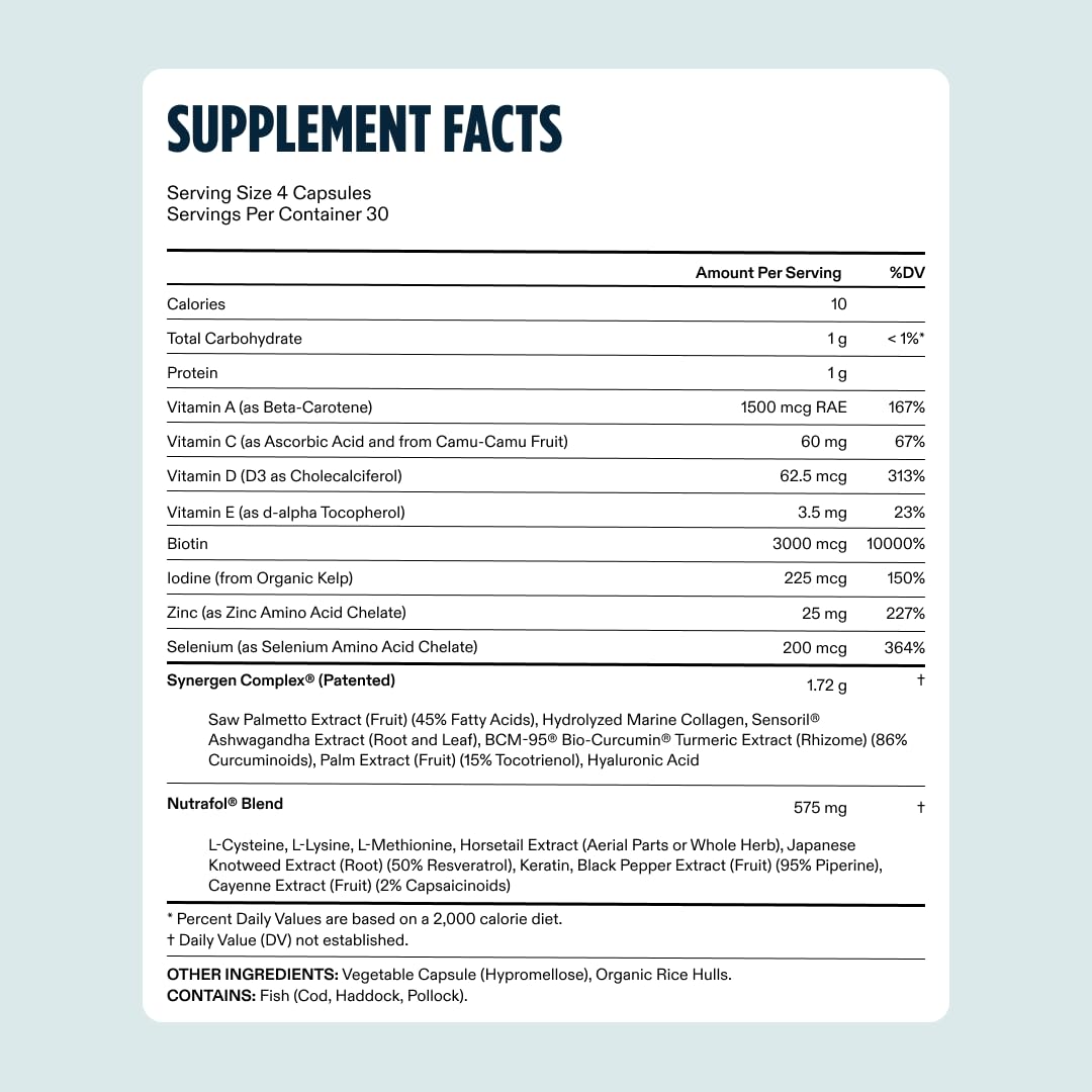 Supplement facts label for a hair growth supplement, listing nutrients and amounts.