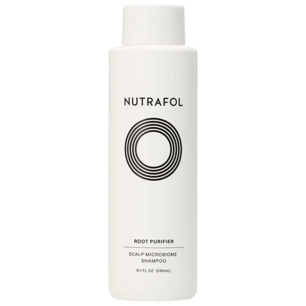 Nutrafol Root Purifier scalp microbiome shampoo bottle, white with black label and logo