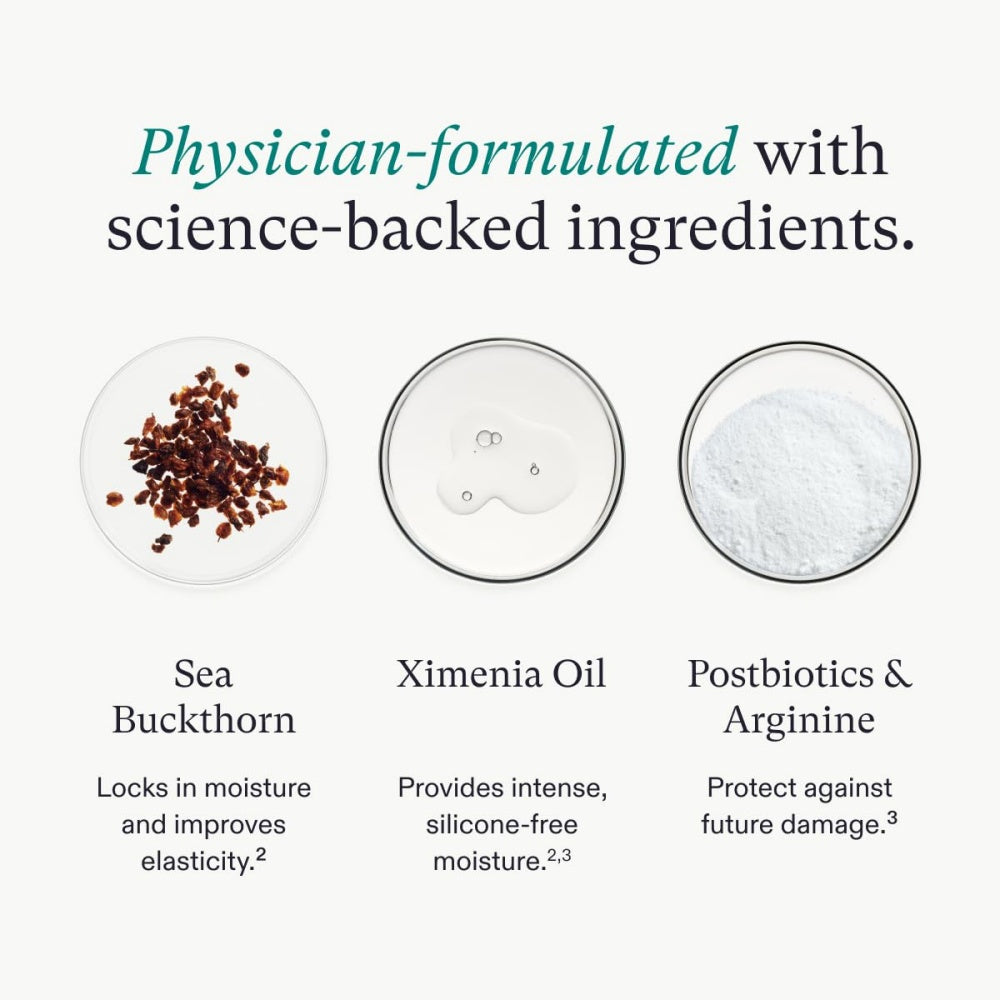 Strand Defender conditioner ingredient graphic with Sea Buckthorn and Ximenia Oil