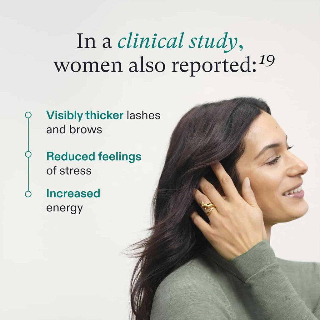 Woman with long dark hair and Nutrafol-related benefit callouts on graphic