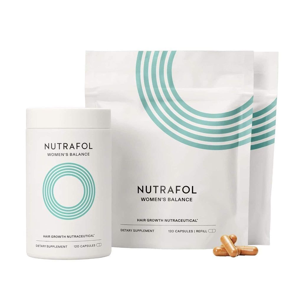 Nutrafol Women’s Balance hair growth supplement jar and refill bag with capsules