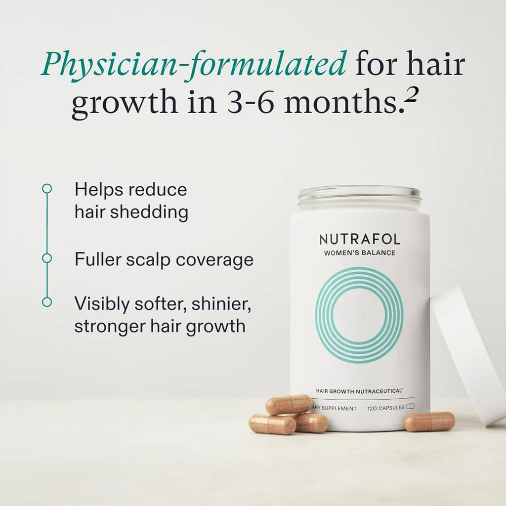 Nutrafol Women’s Balance supplement bottle with capsules and benefit callouts