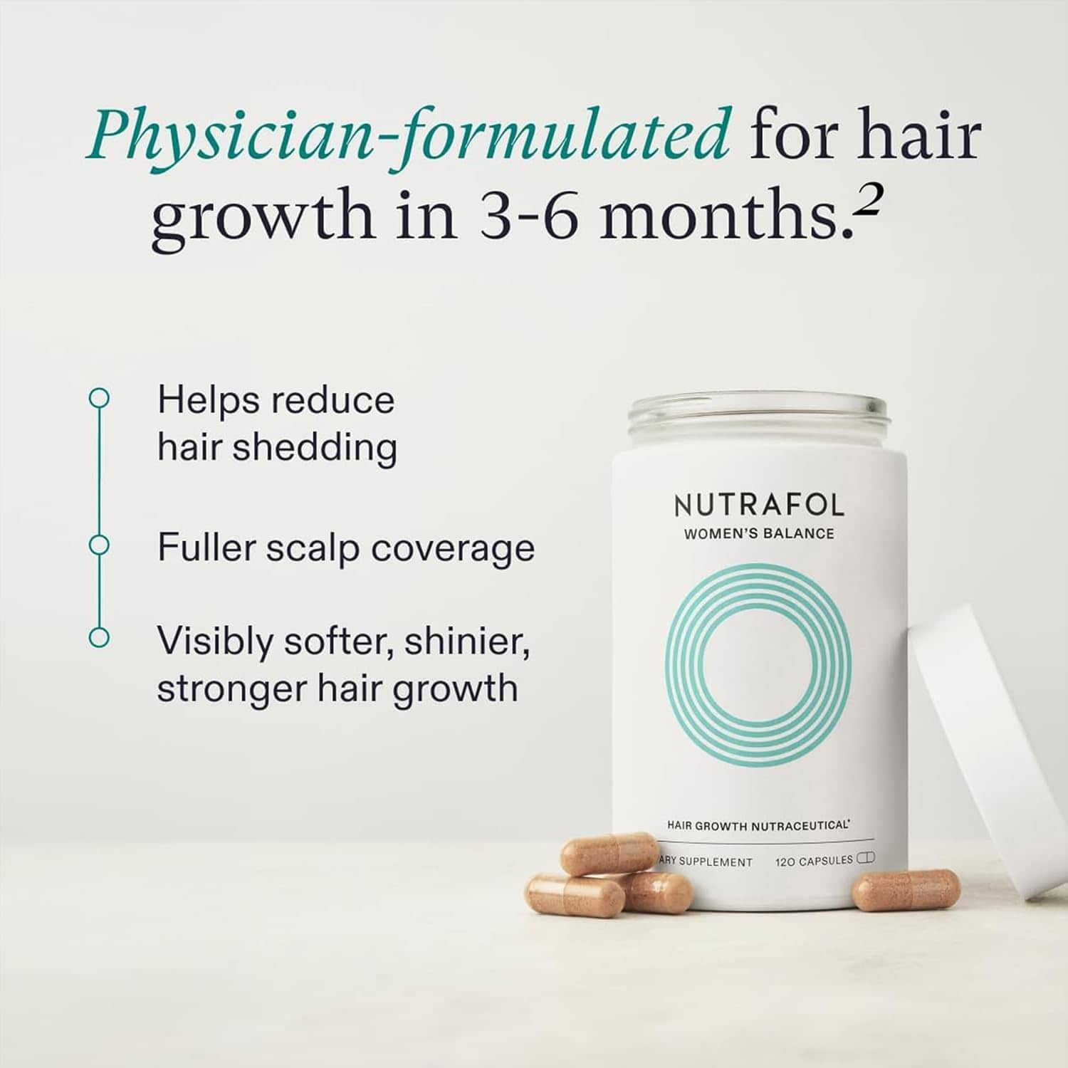 Nutrafol Women’s Balance supplement bottle with capsules and benefit callouts