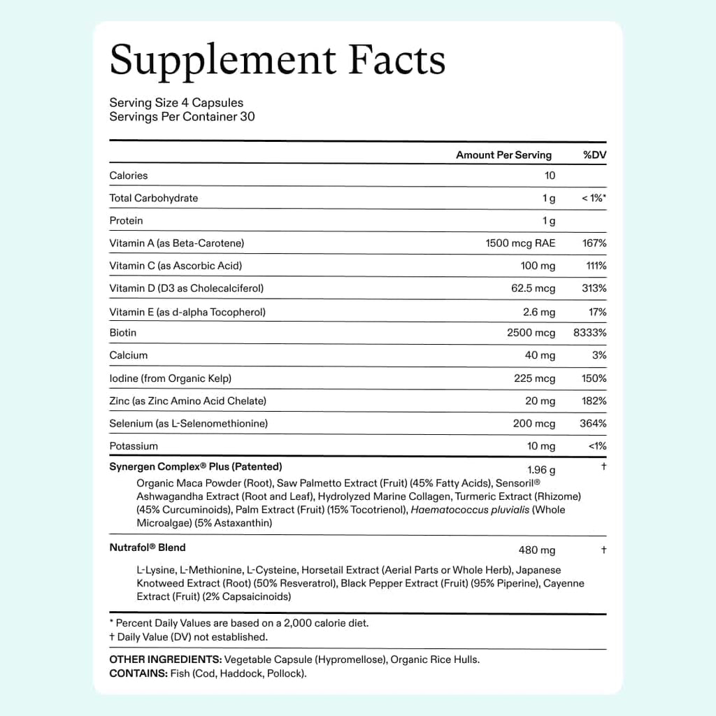 Nutrafol Women’s Balance Supplement Facts nutrition panel for dietary supplement