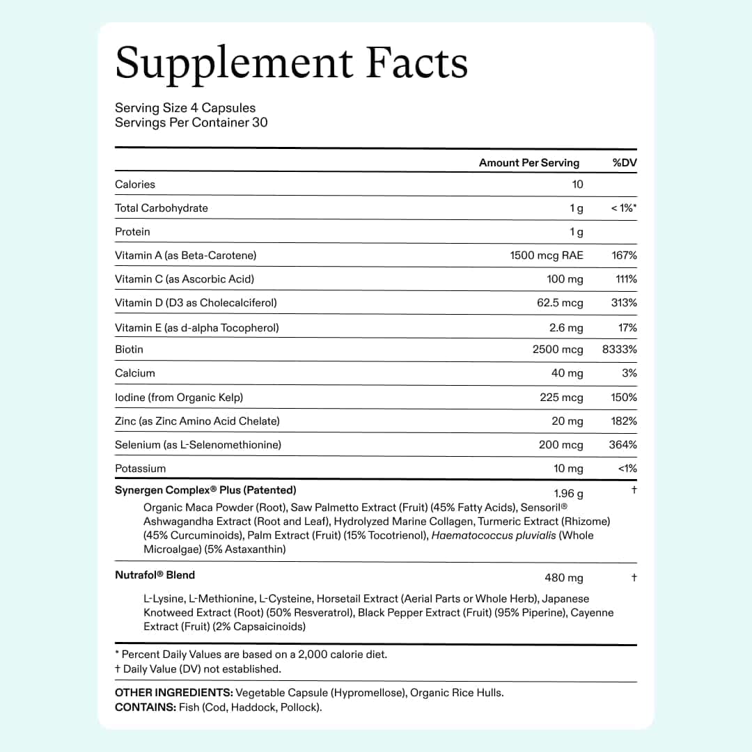 Nutrafol Women’s Balance Supplement Facts nutrition panel for dietary supplement
