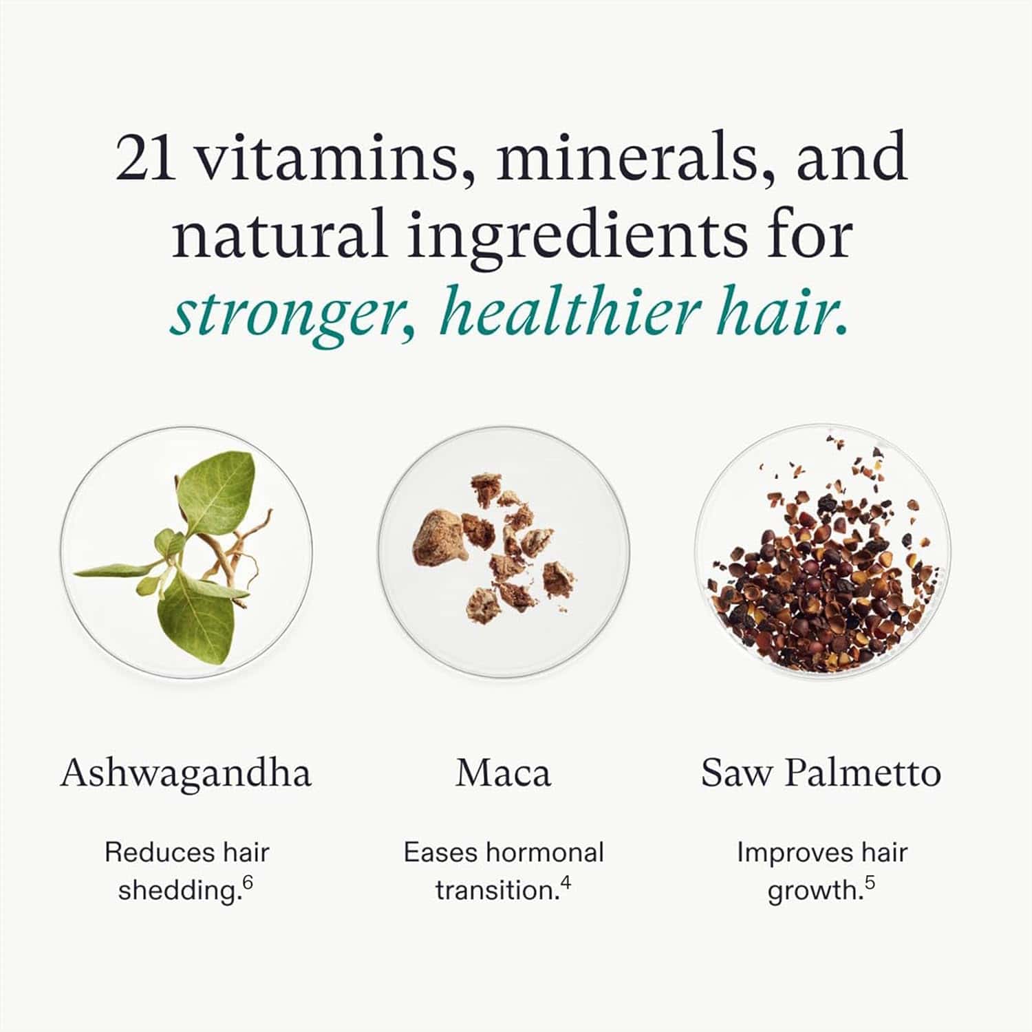 Nutrafol Women’s Balance ingredient icons: ashwagandha, maca, and saw palmetto