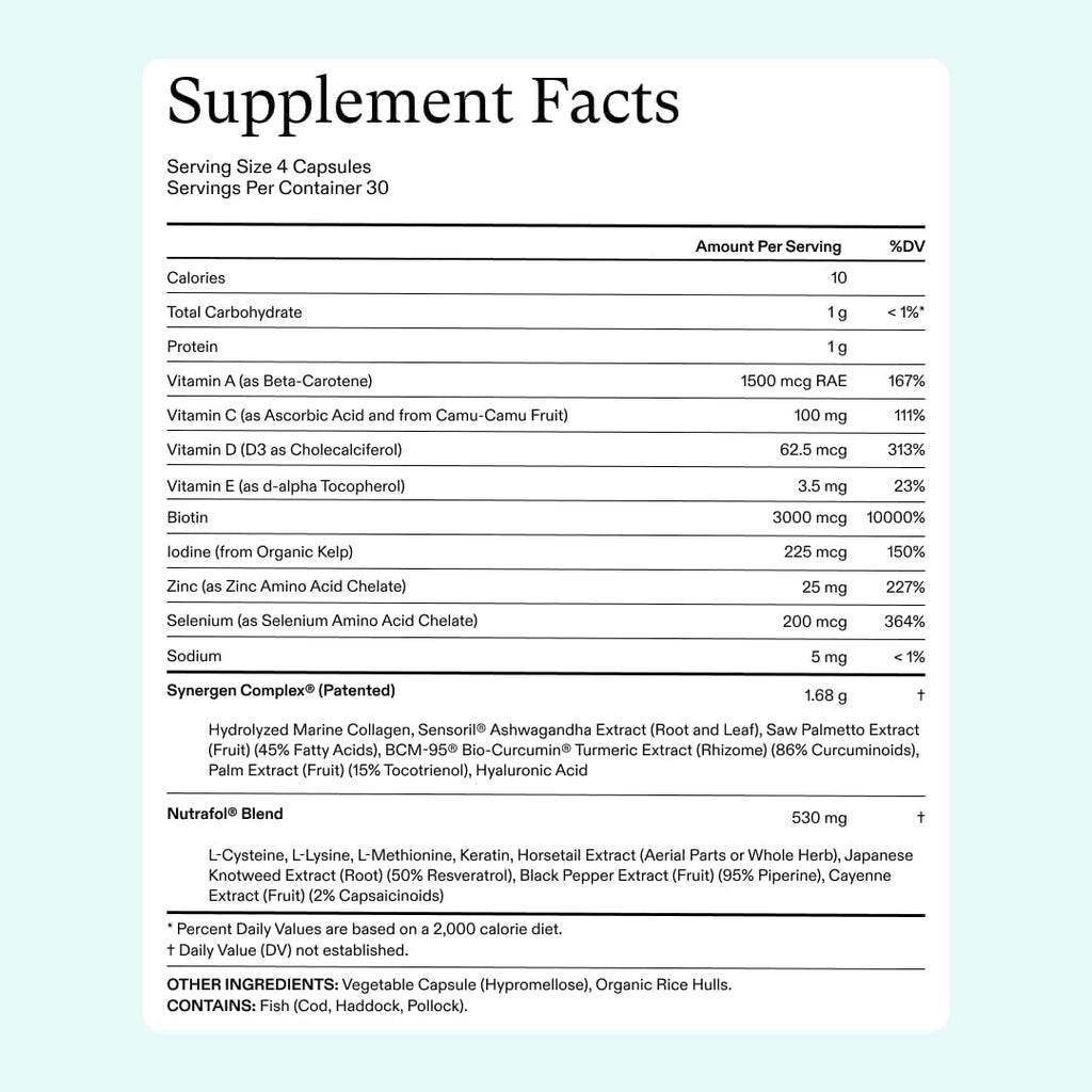 Supplement Facts panel for Nutrafol Women hair growth capsules with vitamins and minerals