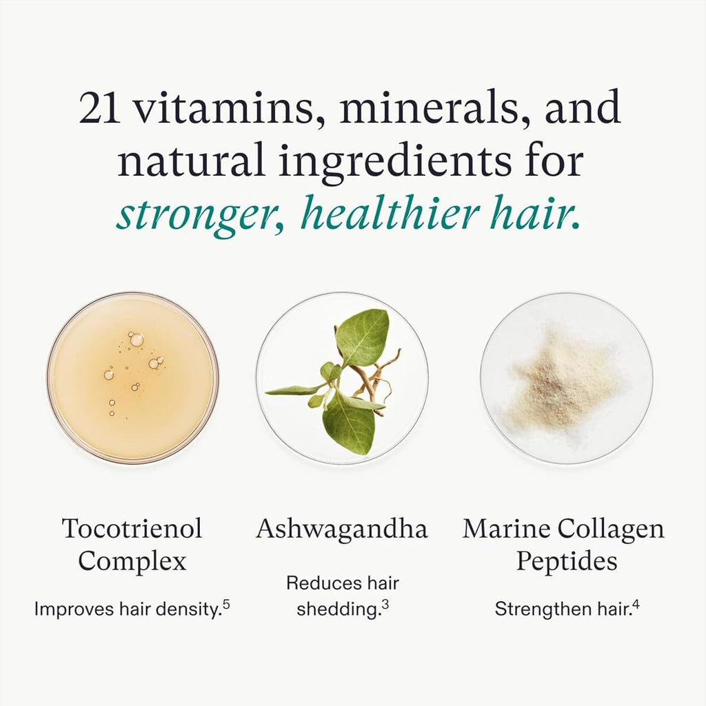 Hair growth ingredient circles: tocotrienol complex, ashwagandha, marine collagen peptides