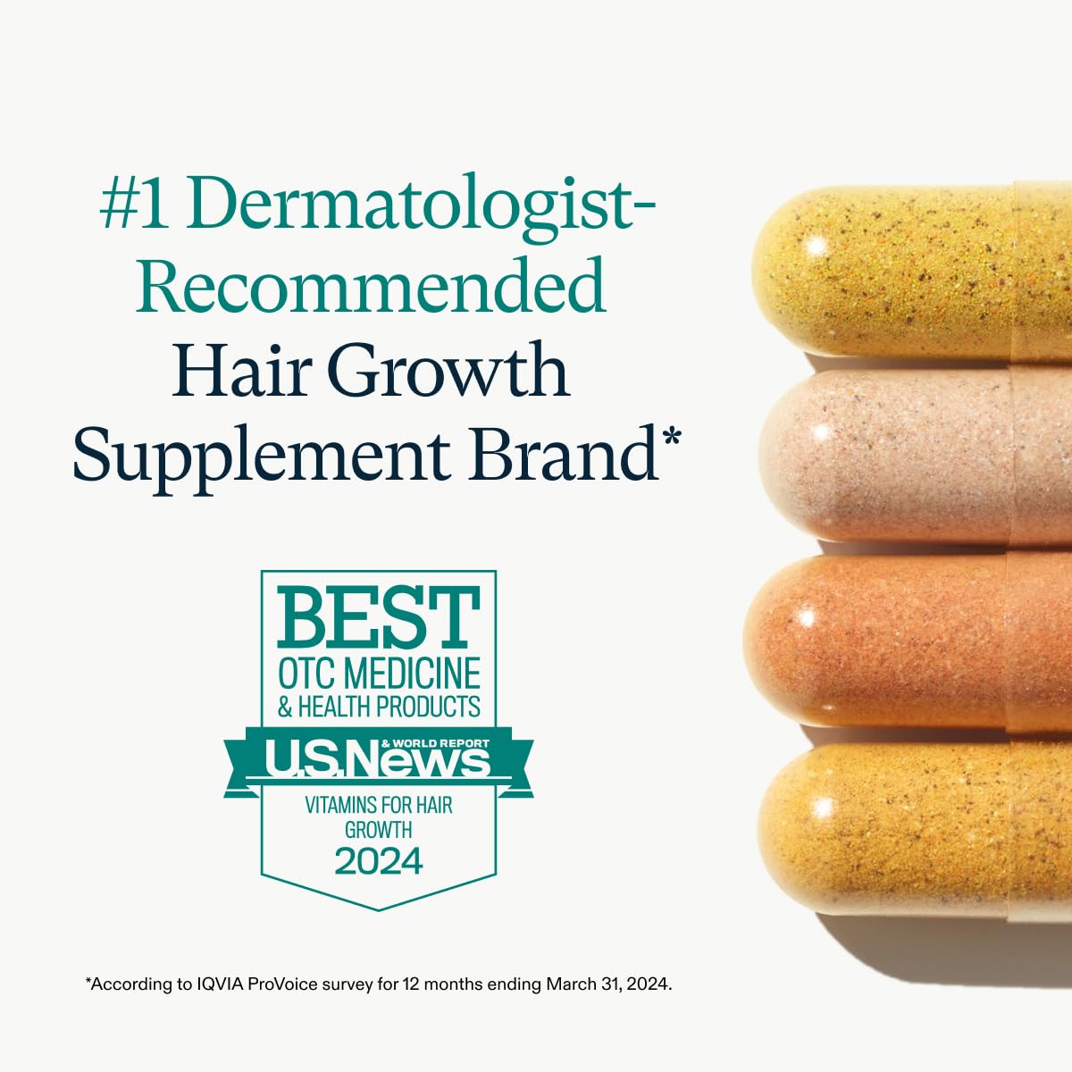 Hair growth supplement capsules with #1 dermatologist-recommended award badge