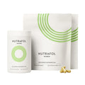 Nutrafol Women hair growth supplement jar and bottle with green ring logo and capsules