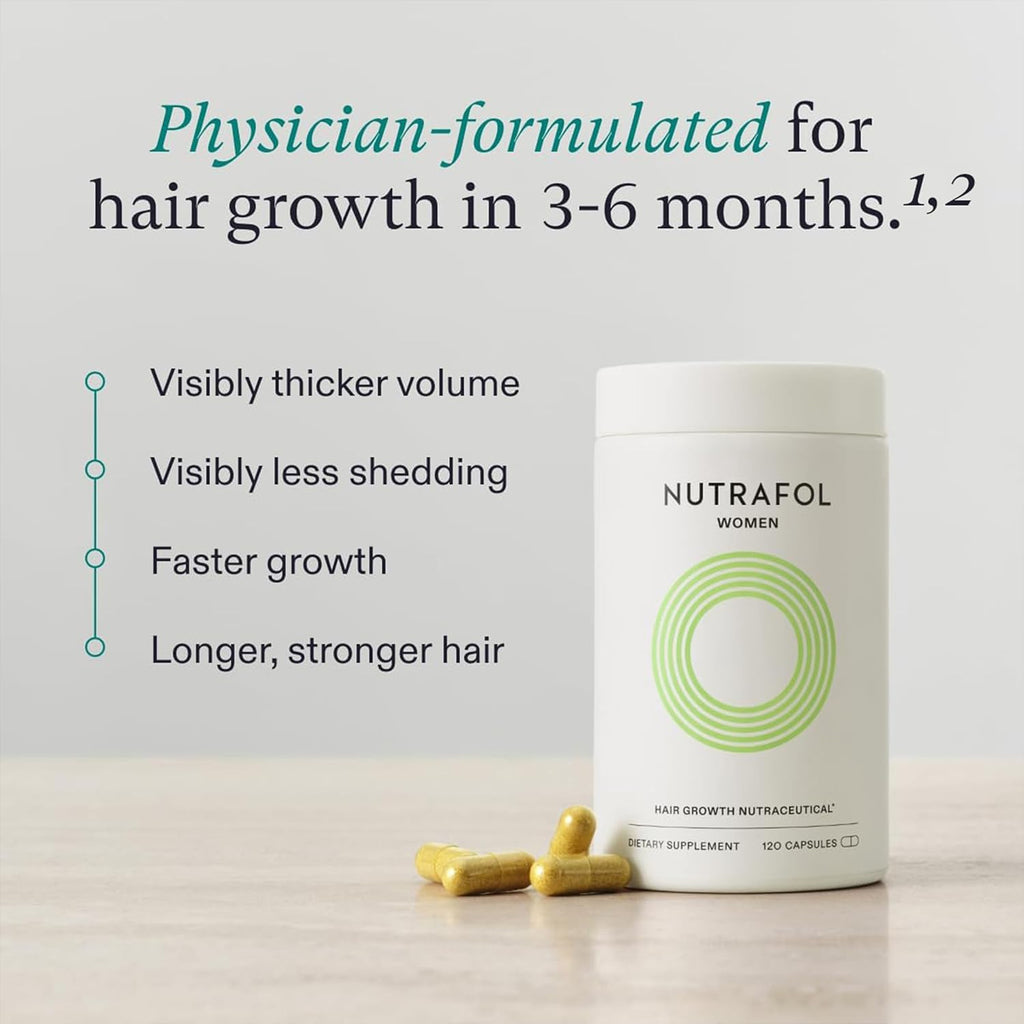 Nutrafol Women hair growth capsule bottle with gold capsules on surface