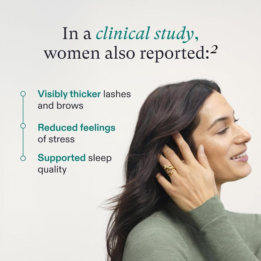 Woman with long dark hair wearing ring; icons for thicker lashes, stress, sleep