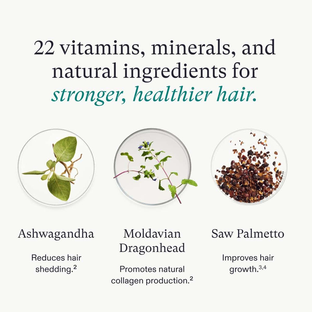 22-in-1 hair supplement ingredients shown: ashwagandha, moldavian dragonhead, saw palmetto