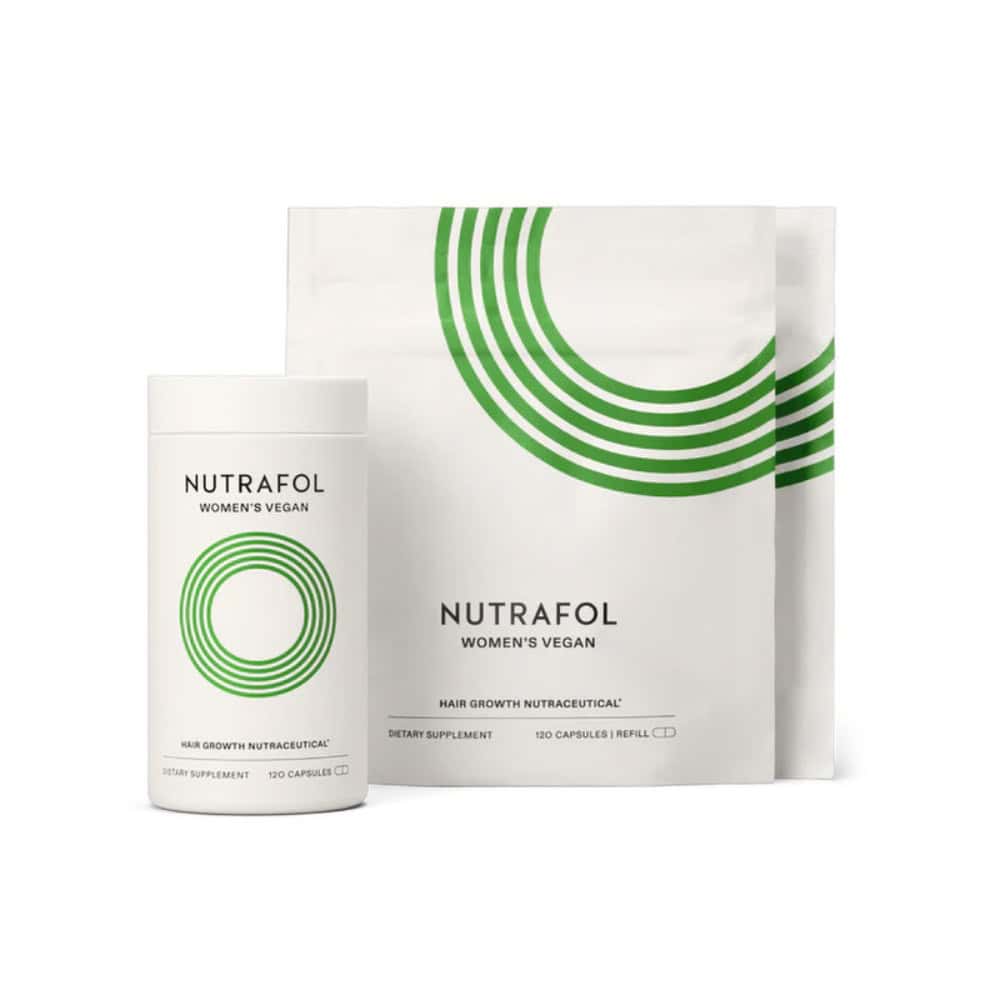Vegan hair growth supplement pack with Nutrafol pouch and capsule bottle